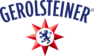 Das Bild zeigt das Logo von Gerolsteiner mit dem Wort "GEROLSTEINER" in blauer Schrift und einem roten Stern mit einem blauen Löwen in der Mitte.
