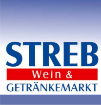 Logo mit dem Text "STREB Wein & GETRÄNKEMARKT" auf blauem Hintergrund.