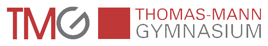 Logo des Thomas-Mann-Gymnasiums mit den Buchstaben "TM" und einem stilisierten "G" in Rot und Grau sowie dem Namen "THOMAS-MANN GYMNASIUM" in Rot und Grau.